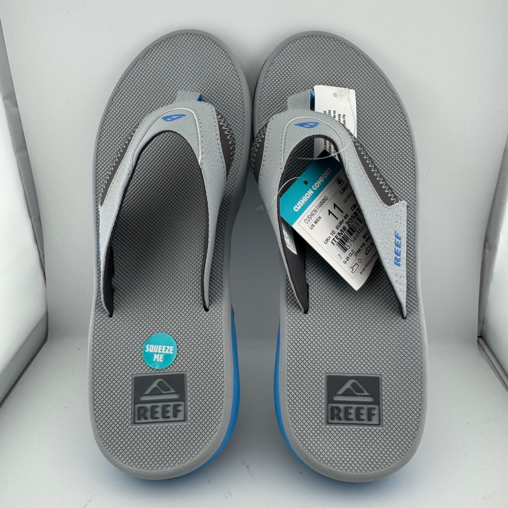 Reef Cushion Fanning Flip Flops Men 11 Grey Blue NWT Bottle Opener CJ8927